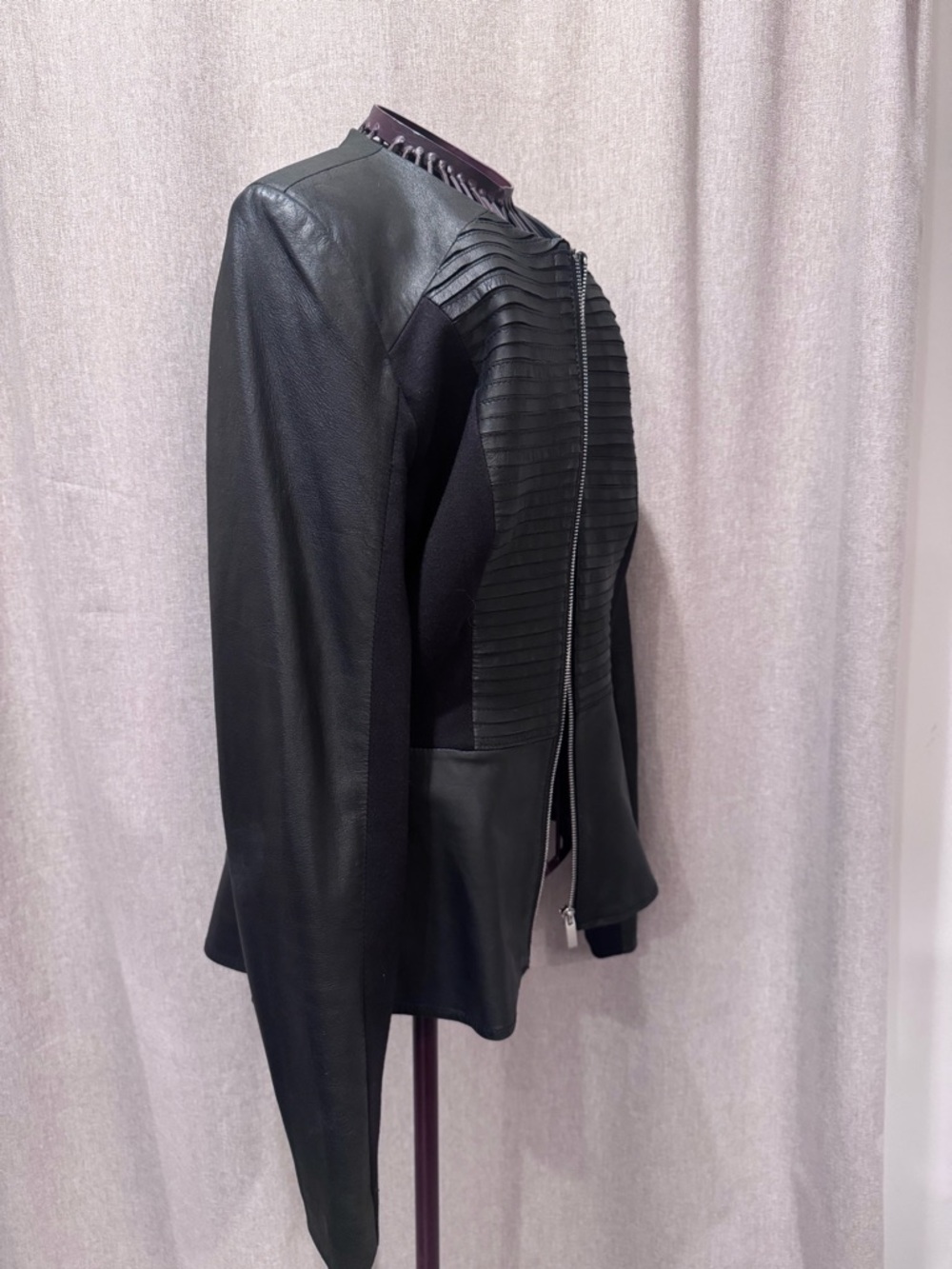Bagatelle - Black Leather - Moto Jacket - Peplum - Zip - Mixed Media- M - Picture 4 of 16